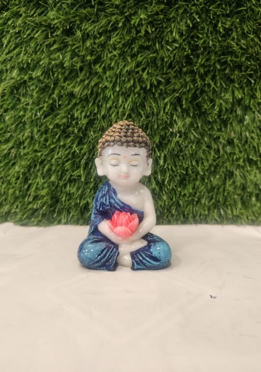 Flower-Holding Baby Monk Figurine – White & Blue | 4.5 Inch