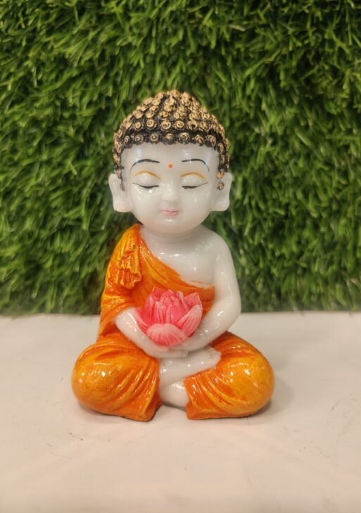 Flower Holding Baby Monk Figurine – Orange & White | 4.5 Inch