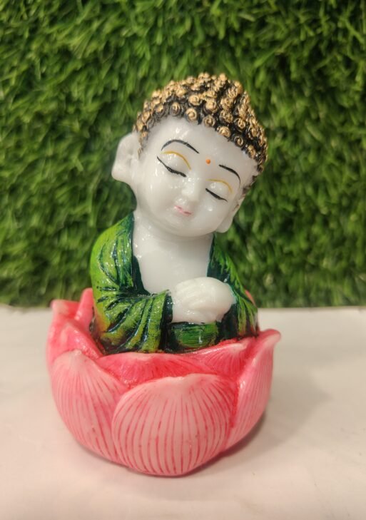 Peaceful Baby Monk in Lotus Figurine – Green & Pink