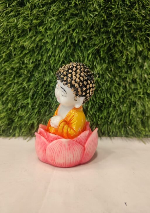 Meditating Little Monk Sitting on Lotus – Orange & White Polymarble Figurine