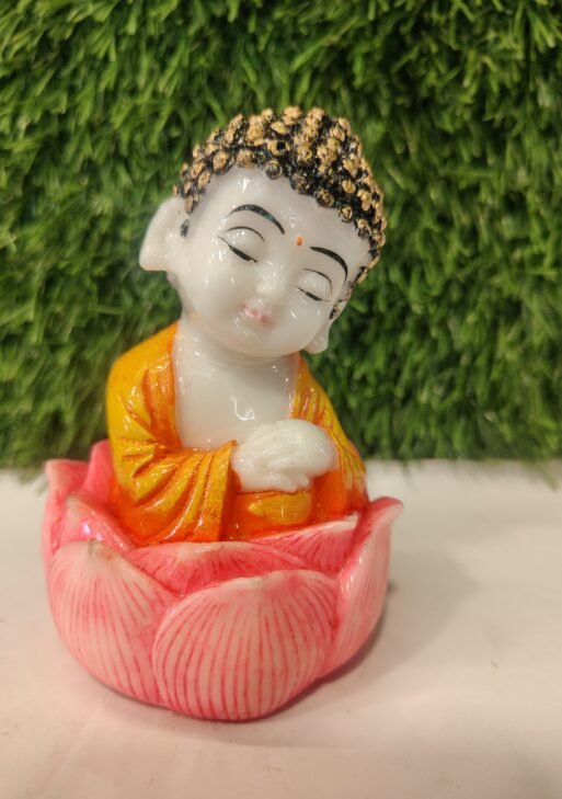 Meditating Little Monk Sitting on Lotus – Orange & White Polymarble Figurine