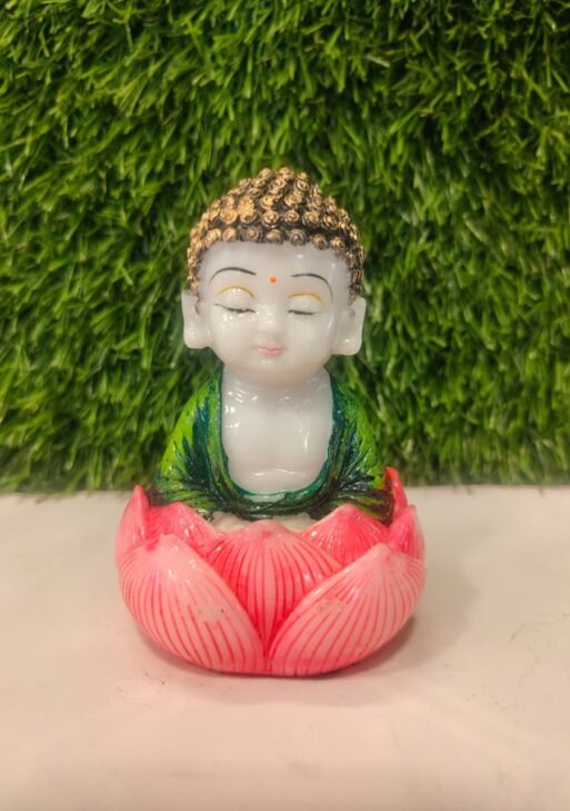 Lotus Seat Little Monk – White & Green Polymarble Figurine
