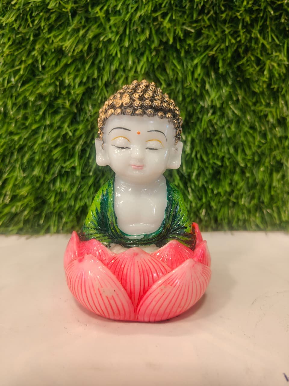 Lotus Seat Little Monk – White & Green Polymarble Figurine