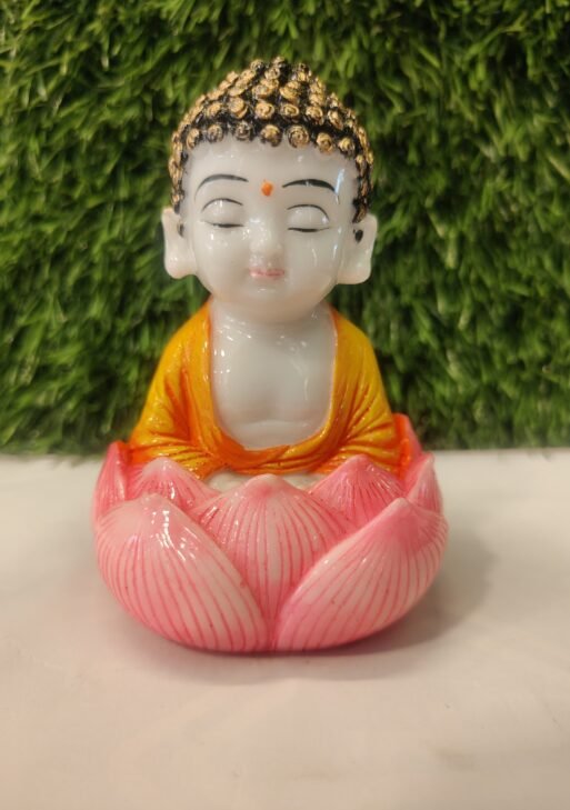 Lotus Seat Little Monk – White & Orange Polymarble Figurine