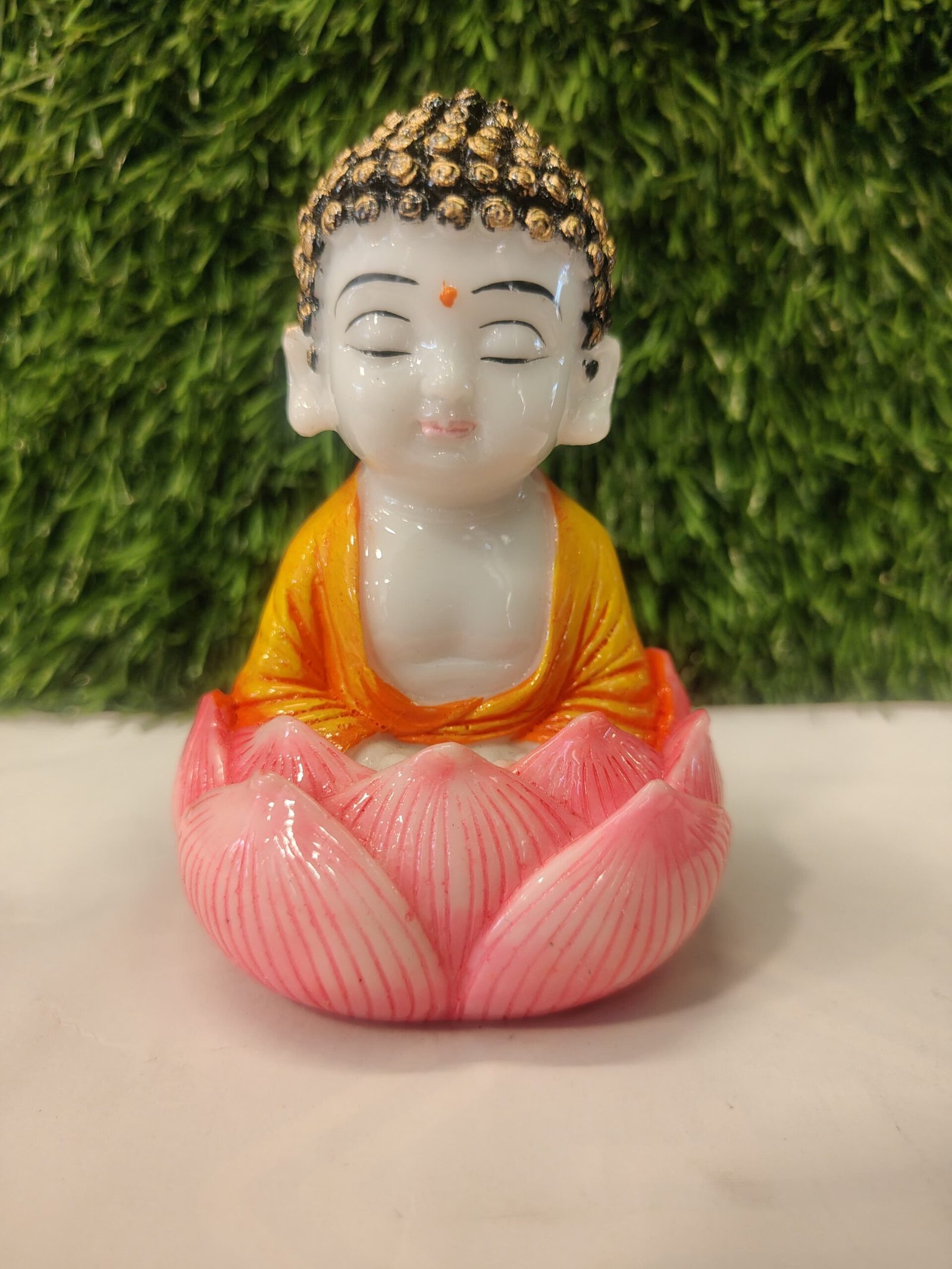 Lotus Seat Little Monk – White & Orange Polymarble Figurine