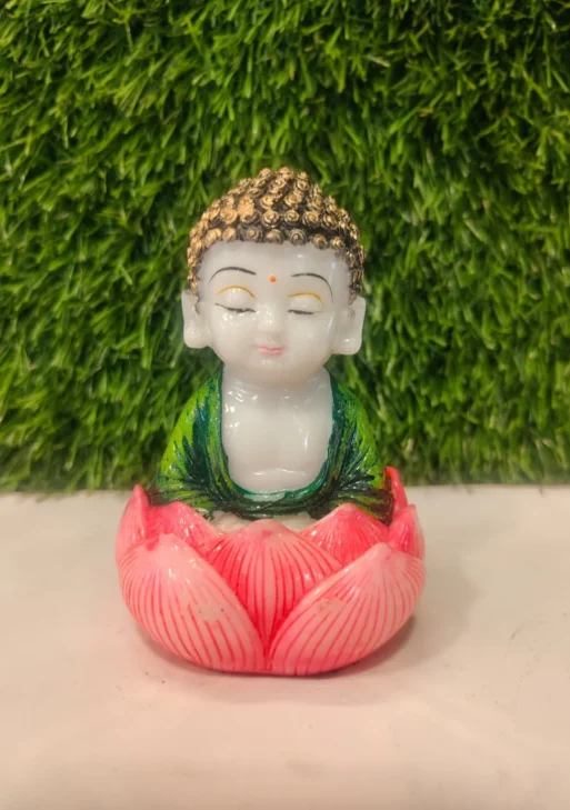 Lotus Seat Little Monk – White & Green Polymarble Figurine