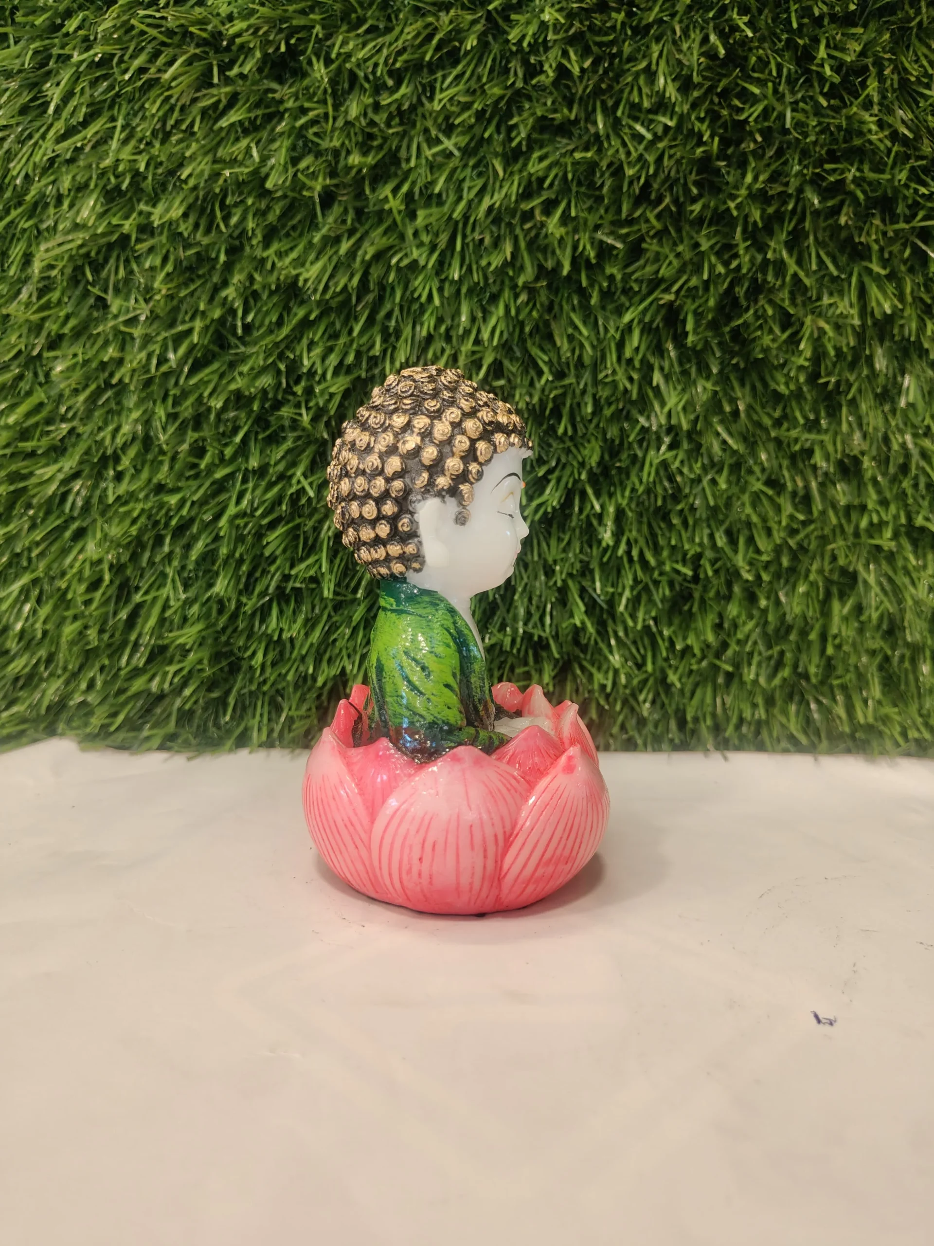 Lotus Seat Little Monk – White & Green Polymarble Figurine - Image 3