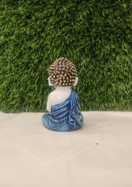 Flower-Holding Baby Monk Figurine – White & Blue | 4.5 Inch