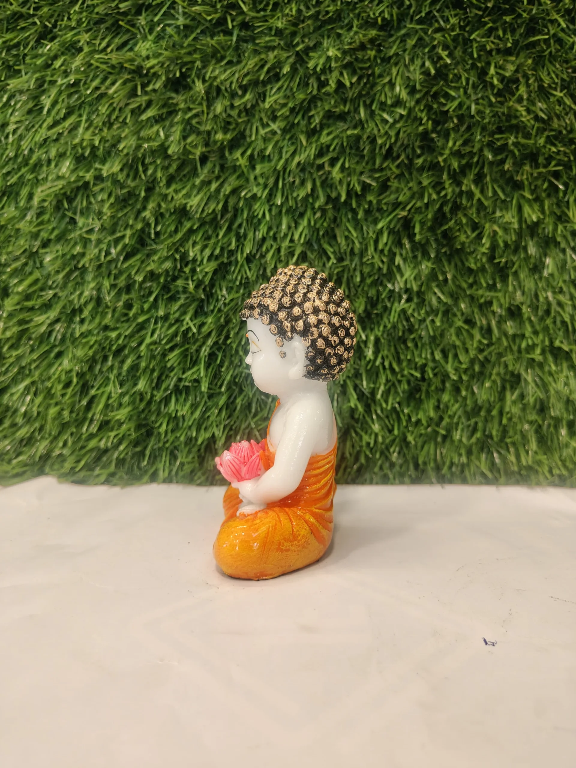 Flower Holding Baby Monk Figurine – Orange & White | 4.5 Inch - Image 3