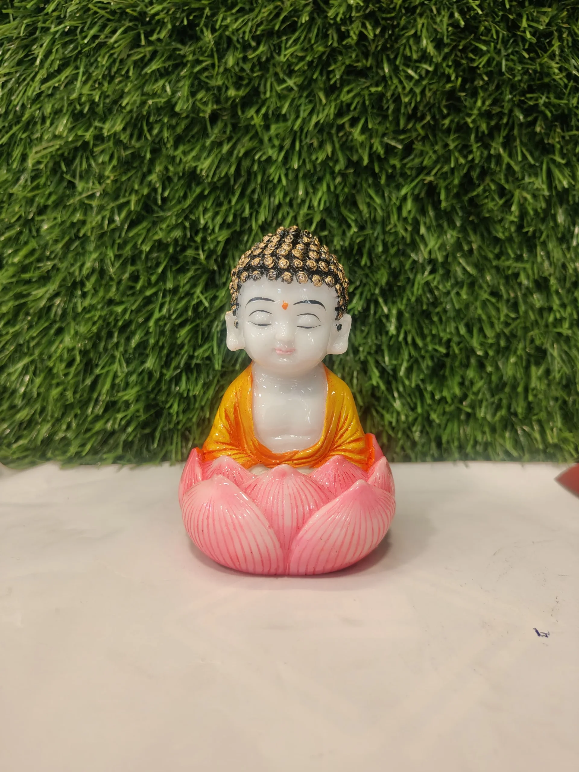 Lotus Seat Little Monk – White & Orange Polymarble Figurine - Image 2