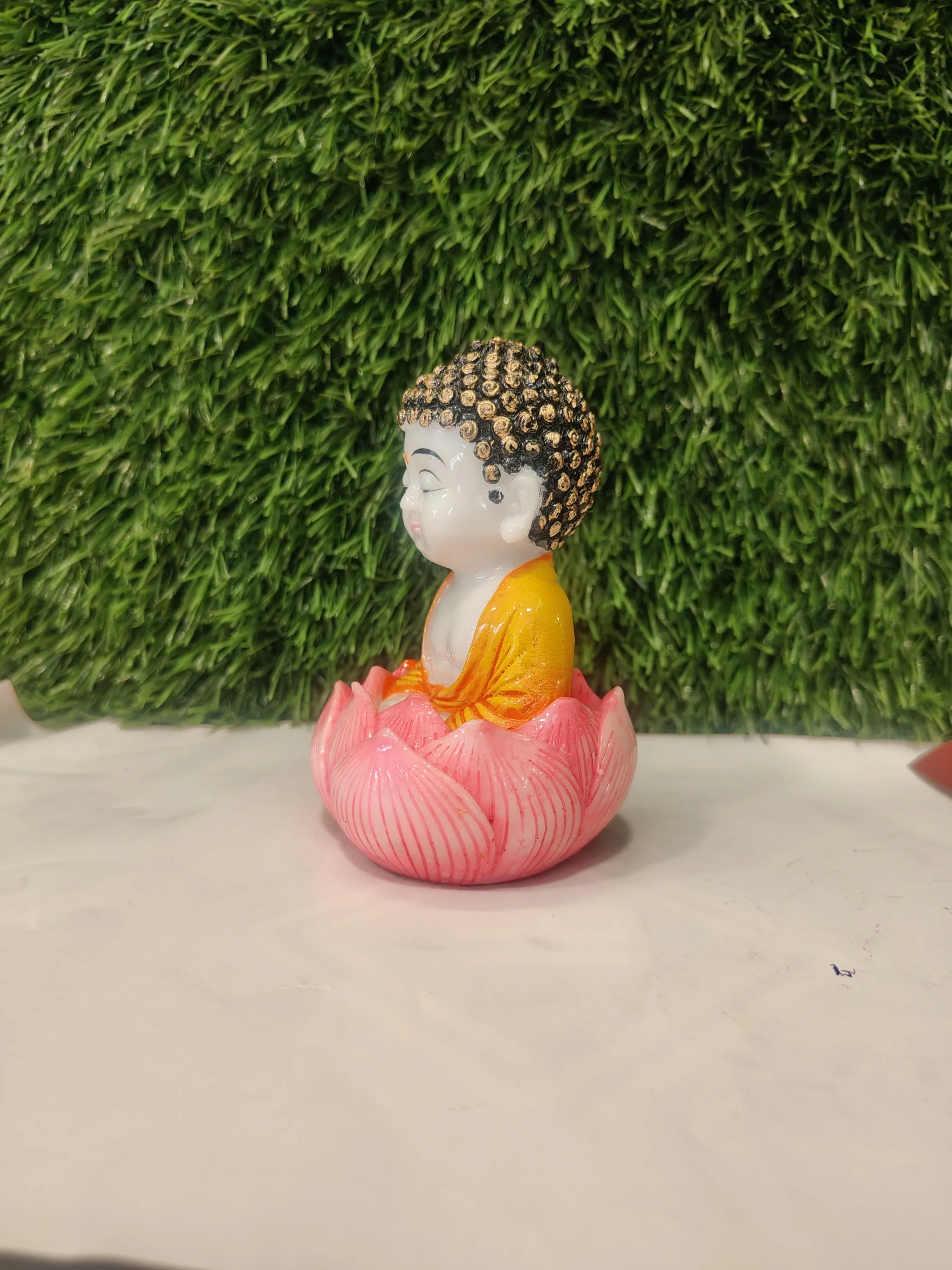 Lotus Seat Little Monk – White & Orange Polymarble Figurine - Image 3