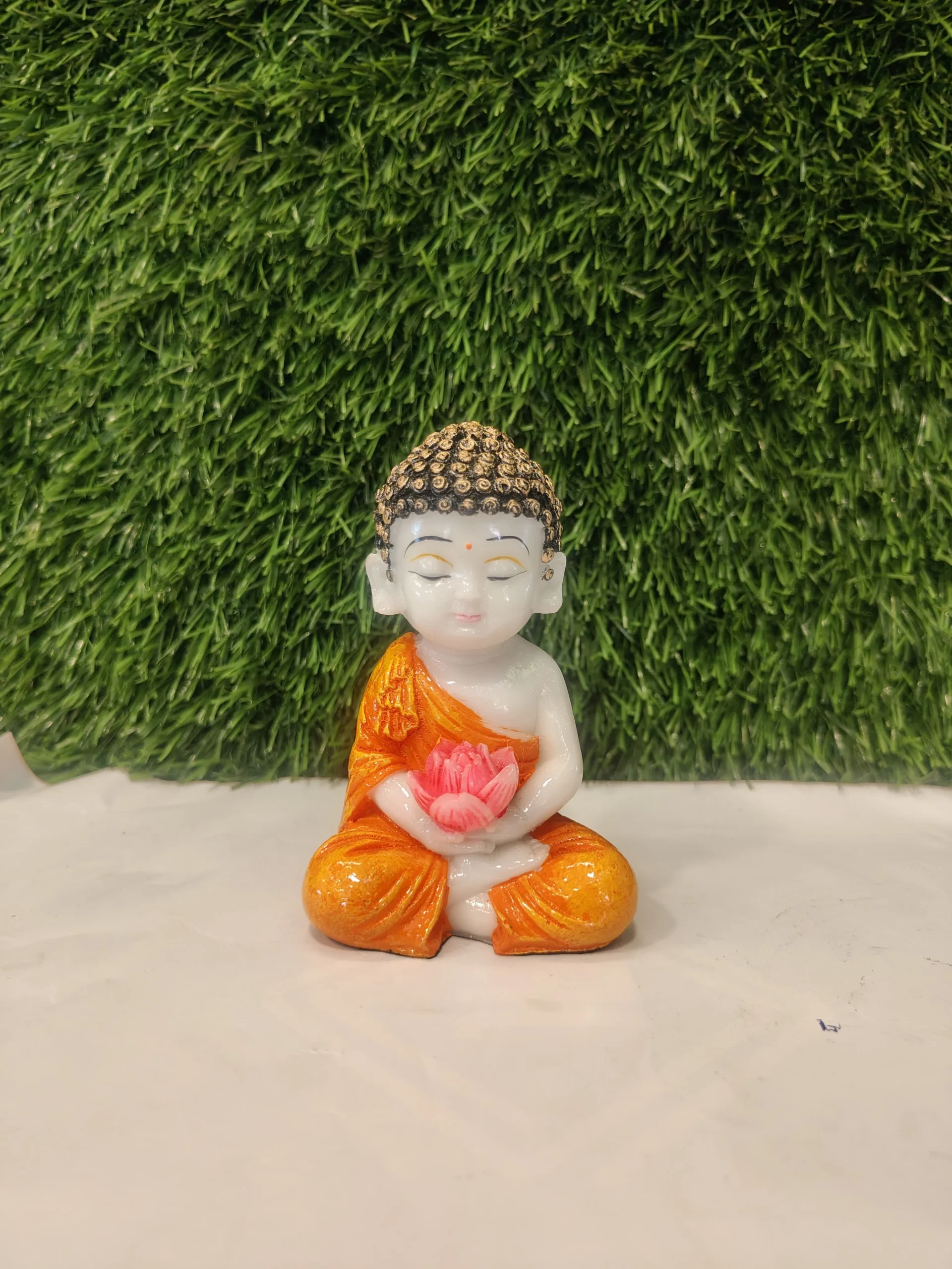 Flower Holding Baby Monk Figurine – Orange & White | 4.5 Inch - Image 5