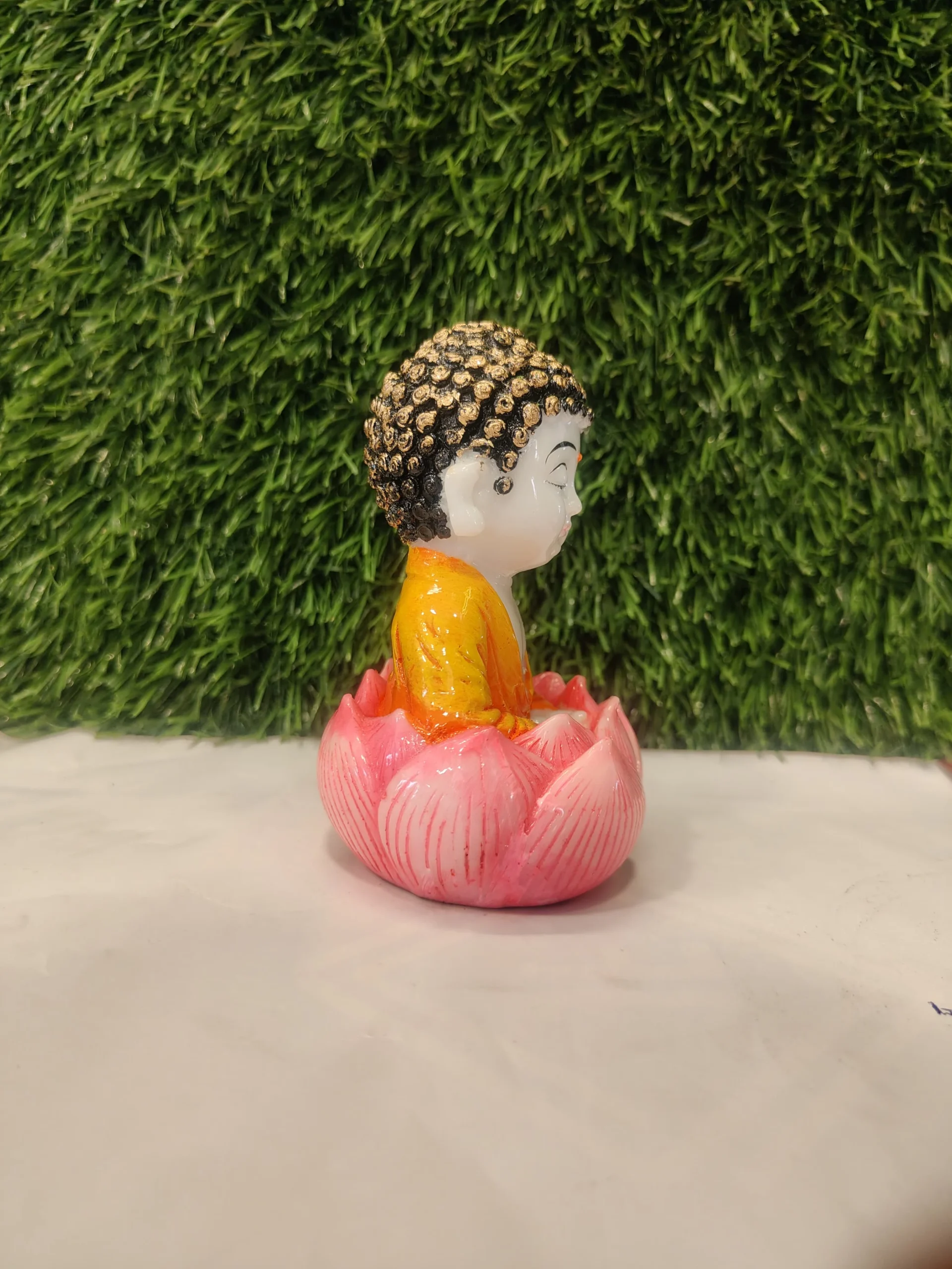 Lotus Seat Little Monk – White & Orange Polymarble Figurine - Image 4