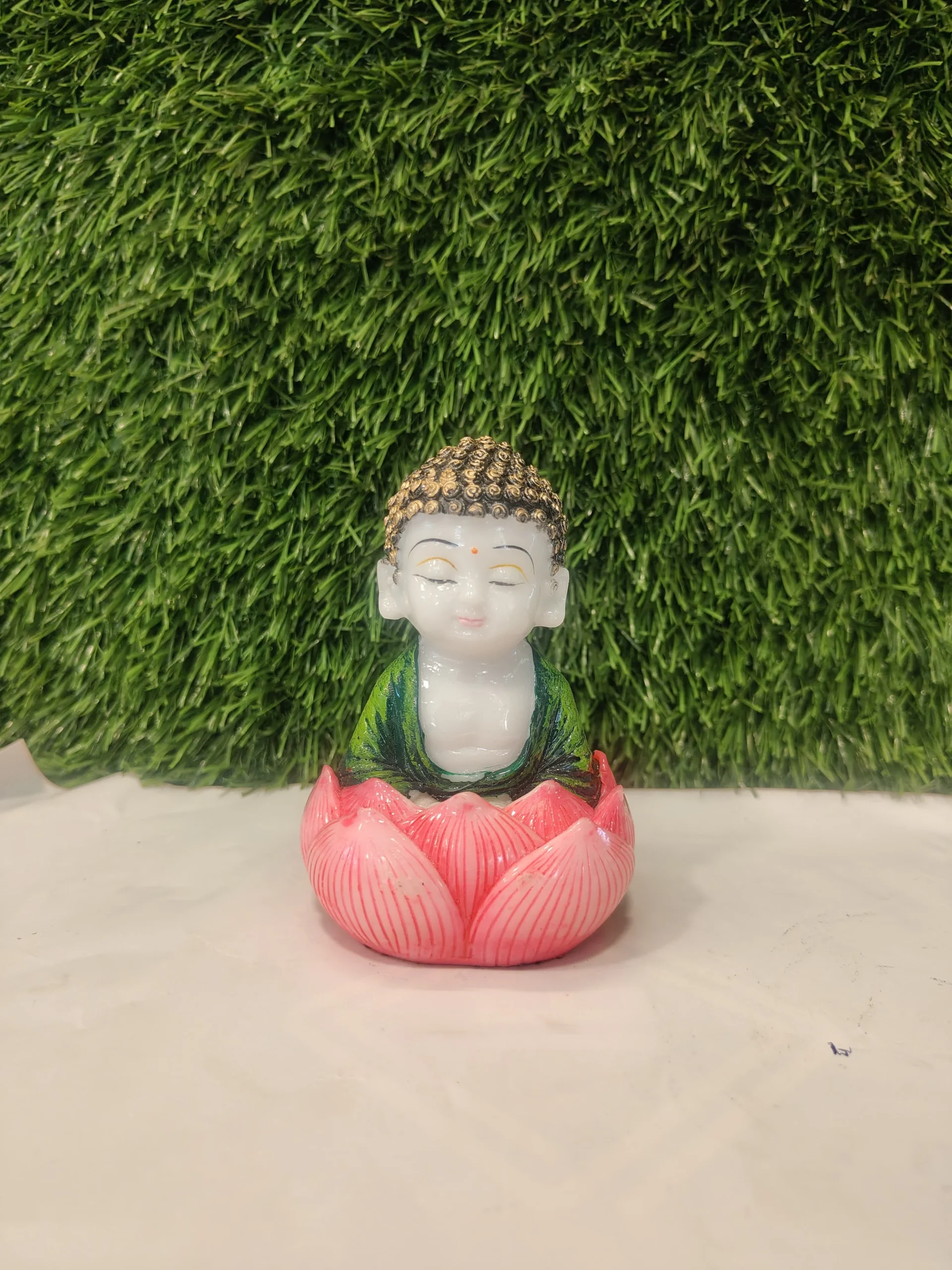 Lotus Seat Little Monk – White & Green Polymarble Figurine - Image 5