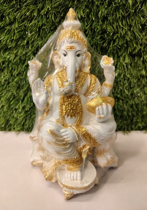 Lord Ganesha Idol – White & Gold | 8.5 Inch